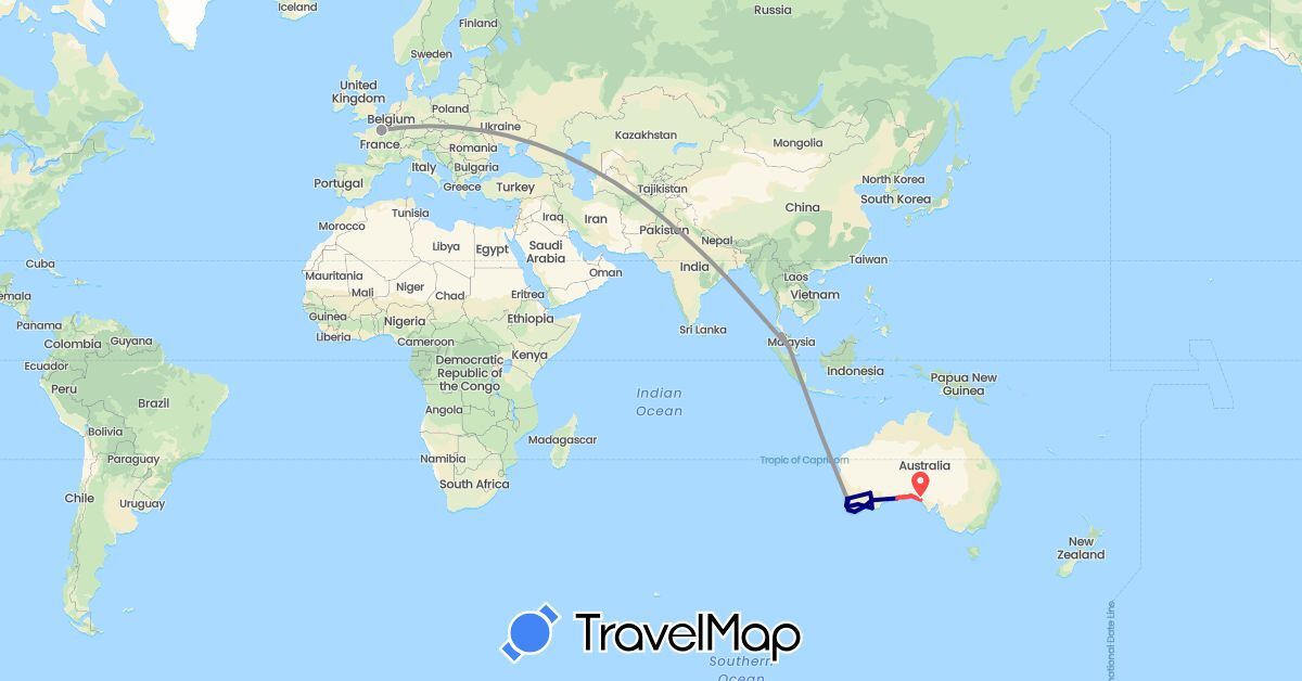 TravelMap itinerary: driving, plane, hiking in Australia, France, Malaysia (Asia, Europe, Oceania)